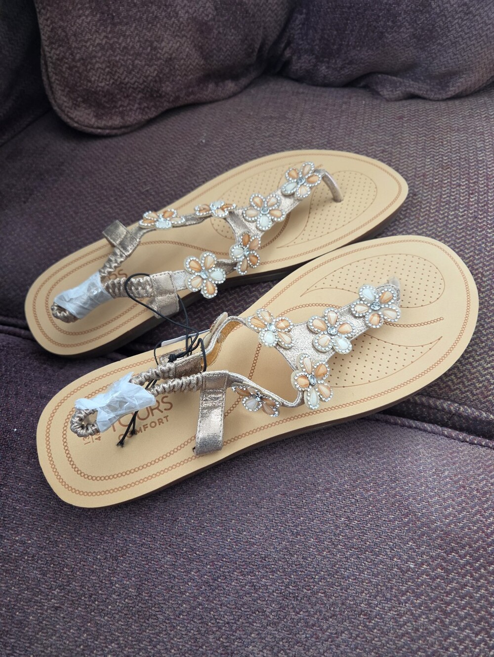 Womens Size 14 Flat Sandals Yours Comfort T-Strap Thong Floral Rhinestone Wide E